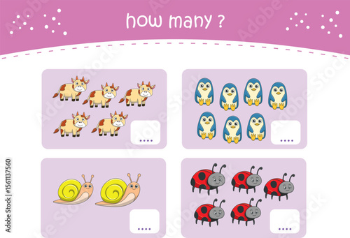 Count and match activity page for kids with cute wild animals. Elementary math for preschool and kindergarten. Vector illustration