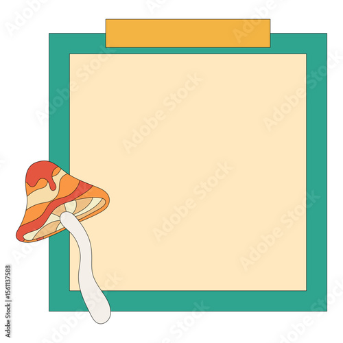 Groovy mushroom paper note frame. Blank notes with mushroom decoration. Vector isolated.