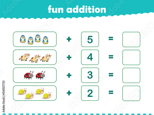 Game for children fun addition by counting cute wild animals pictures printable worksheet vector