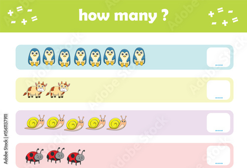 Count and match activity page for kids with cute wild animals. Elementary math for preschool and kindergarten. Vector illustration