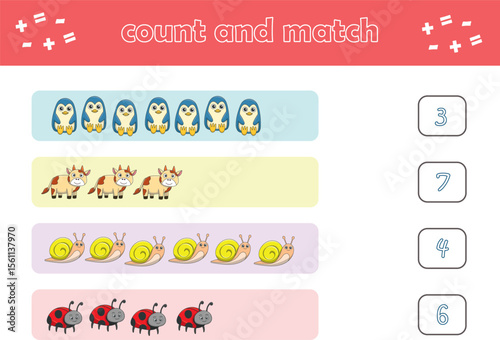 Education game for children count and match of cute wild animals. Educational game for kids. Printable worksheet. Vector Illustration