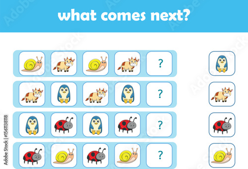 What comes next. Logical activity for preschool children with cute wild animals. Vector Illustration