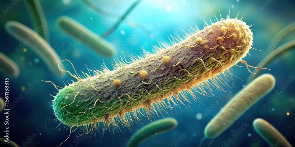 Fototapeta premium Microscopic View of Rod-Shaped Bacteria with Numerous Flagella, Detailed Cellular Structure, Aquatic Environment