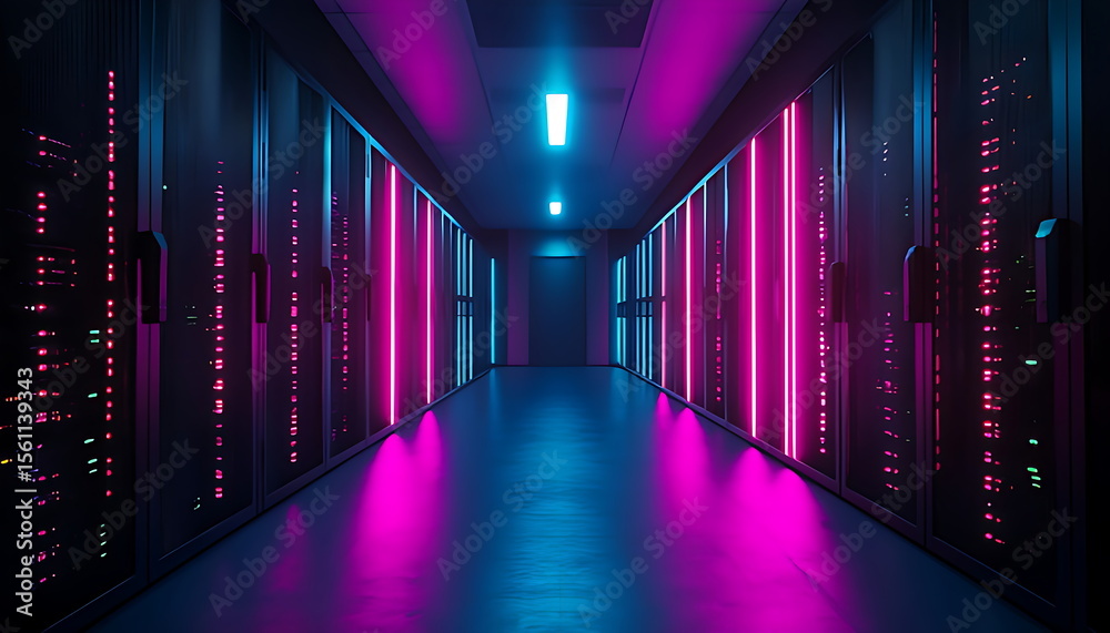 Fototapeta premium A long row of dark futuristic server cabinets
