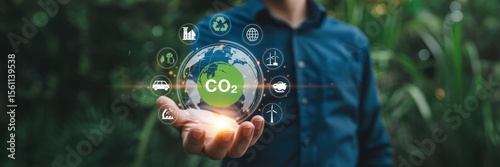 Person holding a holographic representation of earth and co2 emissions.