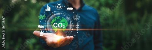 Person holding a digital globe displaying co2 reduction information.