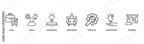 Internship banner web icon vector illustration concept with icon of goal, skills, knowledge, mentoring, practice, opportunity, and training