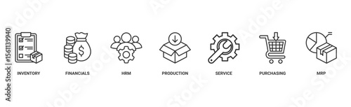 ERP banner web icon vector illustration concept for enterprise resource planning with icon of inventory, financials, hrm, production, service, purchasing, and mrp