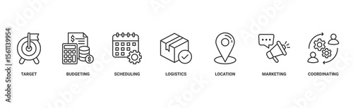 Event management banner web icon vector illustration concept with icon of target, budgeting, scheduling, logistics, location, marketing, and coordination