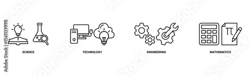 STEM banner web icon vector illustration concept for science, technology, engineering, mathematics education with icon of flask, microscope, artificial intelligence, processor, machine, and calculator