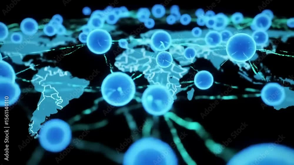 Global network glowing orbs connect on a world map, dark background, data visualization