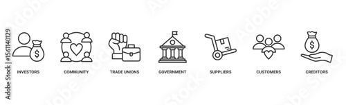 Stakeholder relationship banner web icon vector illustration concept for stakeholder, investor, government, and creditors with icon of community, trade unions, suppliers, and customers