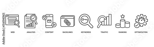 SEO banner web icon vector illustration concept for search engine optimization with icon of website, analysis, content, backlinks, keywords, traffic, ranking, and optimization