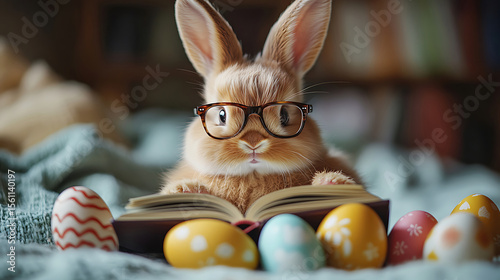 Adorable easter bunny reading a book wearing glasses surrounded by decorated eggs celebratory spring season holiday