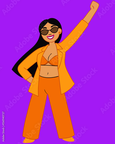 Joyful Woman in Orange Power Suit, Full Body Illustration