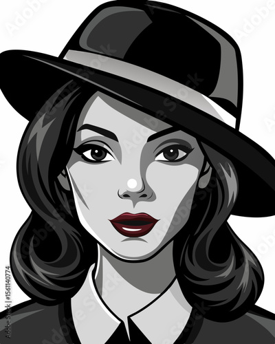 A glamorous woman with a fashionable hat, showcasing her beautiful face, eyes, and styled hair in a vintage art illustration