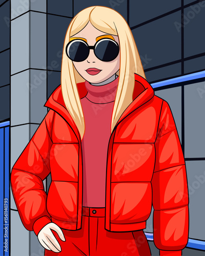 Blonde fashion model in stylish black sunglasses, a red jacket, and winter clothes, smiling with a glamorous expression