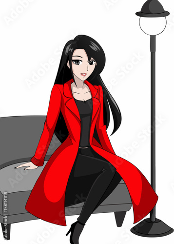An elegant woman in a red dress, a beautiful fashion model illustration with flowing hair and a glamourous silhouette