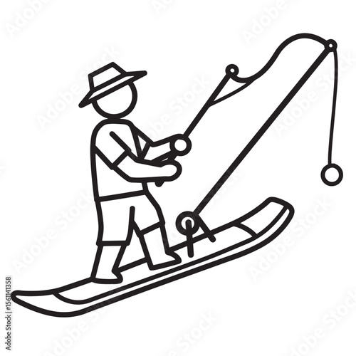 A black and white line art illustration of a fisherman on snow skis