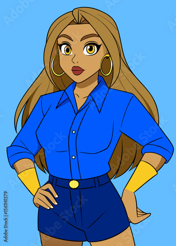 Smiling woman in a blue dress or suit, a fashion illustration of a person standing