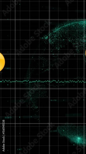 Animation of email icons, blue lines and financial data processing over globe