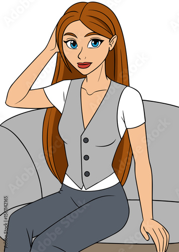 Beautiful woman in white, smiling in a car, an illustration of a fashionable business lady with captivating eyes and a warm expression