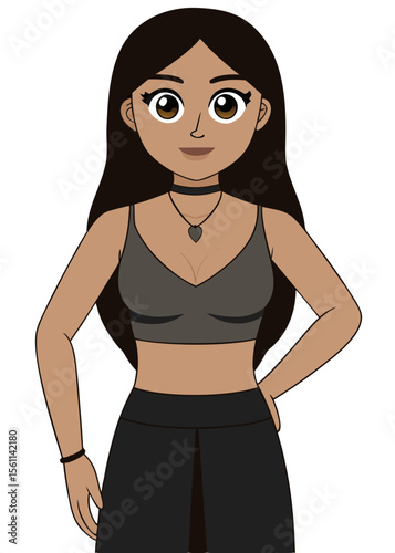 Vector illustration of a smiling brunette woman in an elegant black dress posing with joy
