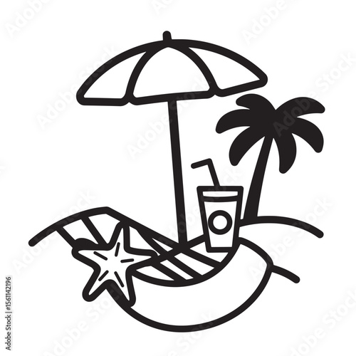 Beach vacation icon with umbrella palm tree drink and starfish in outline style