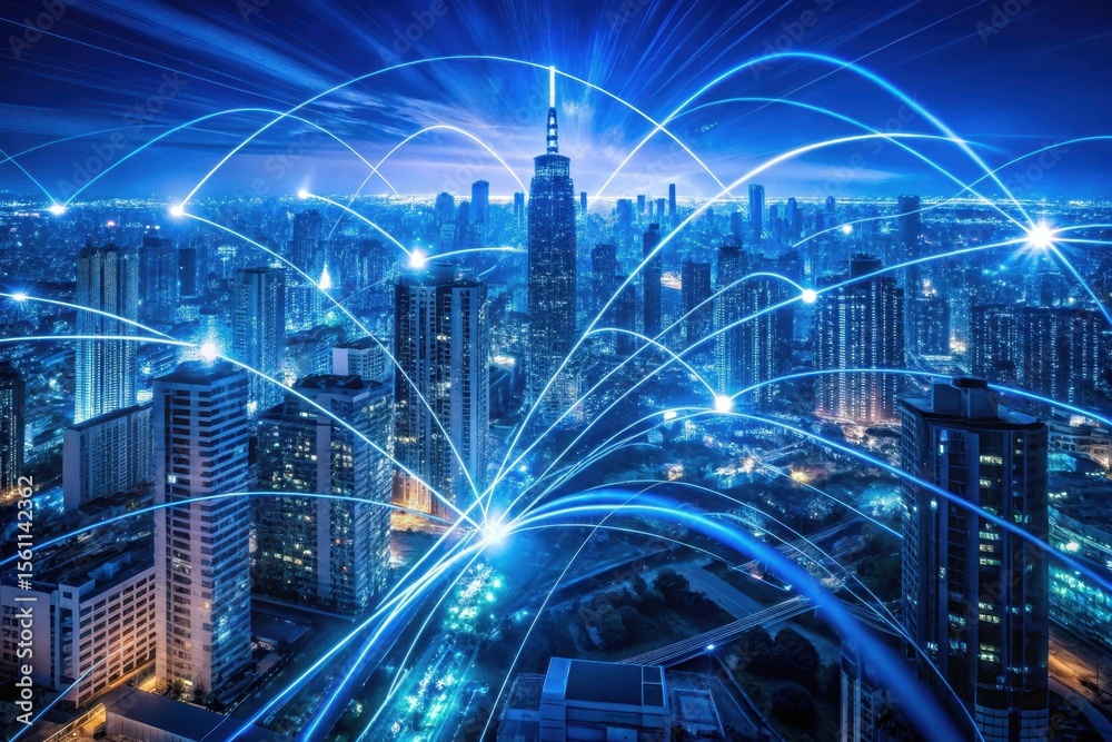 Fototapeta premium Illuminated Metropolis A Nighttime Panorama of Interconnected Urban Infrastructure and Digital Networks