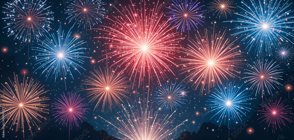 Naklejka premium A vibrant display of fireworks illuminating the night sky with bursts of color and light patterns