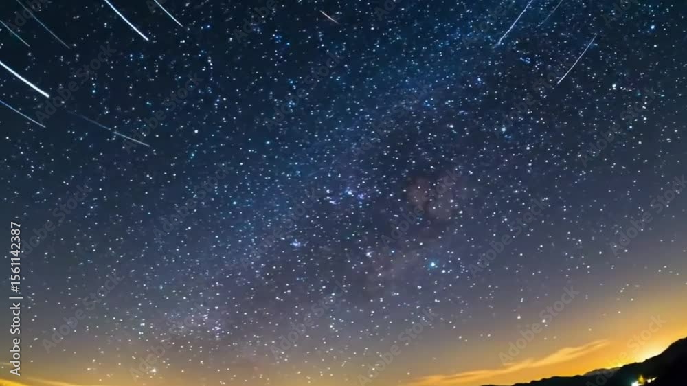 Timelapse night sky scene A meteorite streaks across the sky and explodes into brilliant stardust, scattering glowing particles in slow motion. The event unfolds during an intense meteor shower