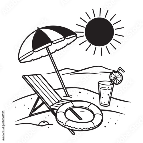 Black and white beach scene featuring umbrella lounge chair sun drink and floatation device