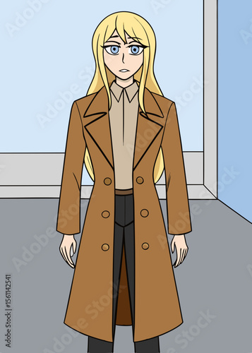 Young blonde woman in a stylish winter jacket posing with a glamorous smile