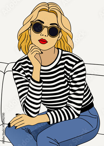 Blonde cartoon girl illustration of a beautiful smiling woman's face with a book