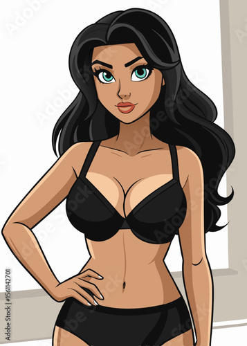 Brunette woman in black lingerie posing sensually in a studio, showcasing her beauty and slim body