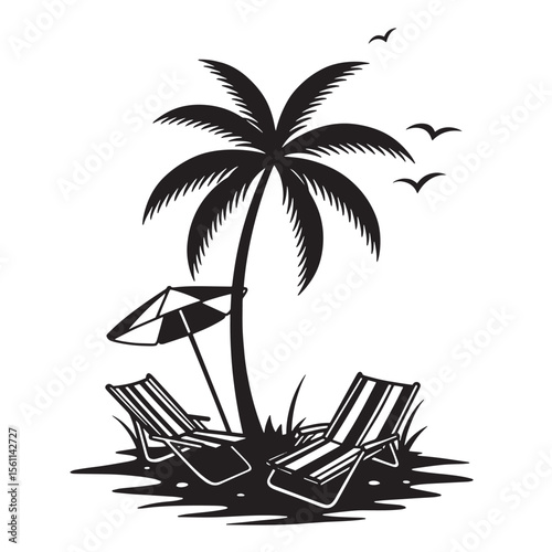 Black and white beach scene with palm tree lounge chairs and parasol silhouette