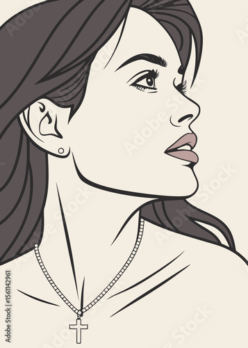 Vector illustration of a woman's face showcasing her beauty, elegant hairstyle, and glamorous makeup in a fashion art style