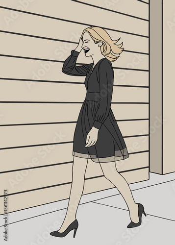 A glamorous businesswoman in a black dress and stylish shoes stands by an office window, her elegant pose and flowing hair showcasing her beauty and fashion