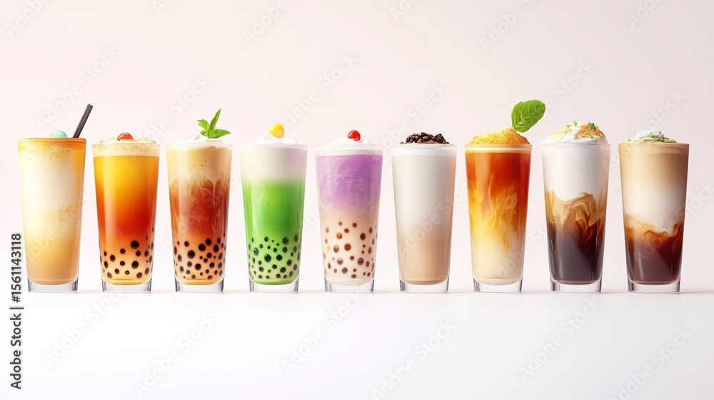 Fototapeta premium 77.A vibrant graphic collection of bubble tea varieties with pearls in different colors, coffee drinks with milk foam art, and matcha lattes, all isolated against white with subtle shadowing for