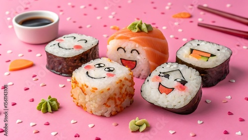 Assorted cute sushi rolls with facial expressions on a pink background with soy sauce and chopsticks