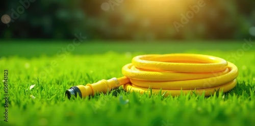 A vibrant yellow garden hose coils elegantly on a lush green lawn, ready for watering Sunlight illuminates its bright color, creating a cheerful summer scene , outdoor scene, irrigation, landscape