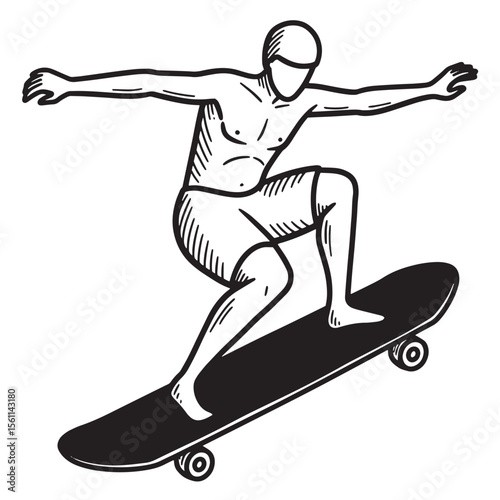 Black and white line art illustration of a skateboarder in motion balancing on board