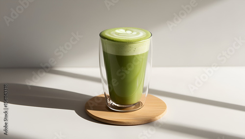 Minimalist scene featuring an iced matcha latte in a glass cup resting on a textured bamboo coaster.