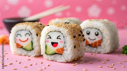 Close up of sushi rolls with cute cartoon faces on a pink background with chopsticks and soy sauce dish
