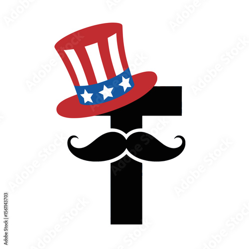 Patriotic Letter T with Mustache and Uncle Sam Hat, Bold letter T graphic featuring a classic mustache and an Uncle Sam top hat, symbolizing American patriotism and celebration.

