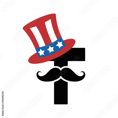 Patriotic Letter T with Mustache and Uncle Sam Hat, Bold letter T graphic featuring a classic mustache and an Uncle Sam top hat, symbolizing American patriotism and celebration.


