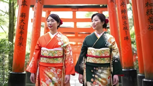 Women in kimono stroll through Japanese shrine