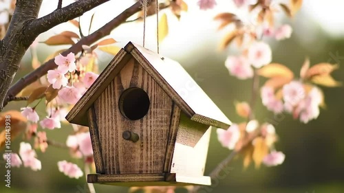 Wooden birdhouse hanging on flowering tree branch, spring garden background, nature photography