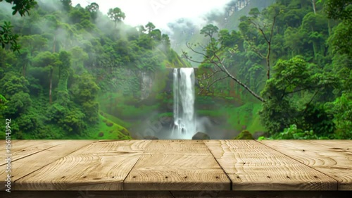 Wooden table rainforest waterfall background