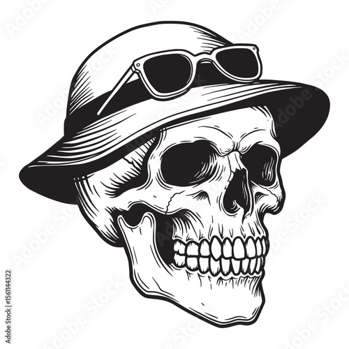 Detailed black and white illustration of a skull wearing a hat and sunglasses